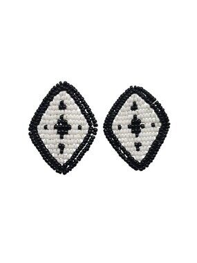 Black & White Handmade Beaded Diamond Stud Earrings With Geometric Design